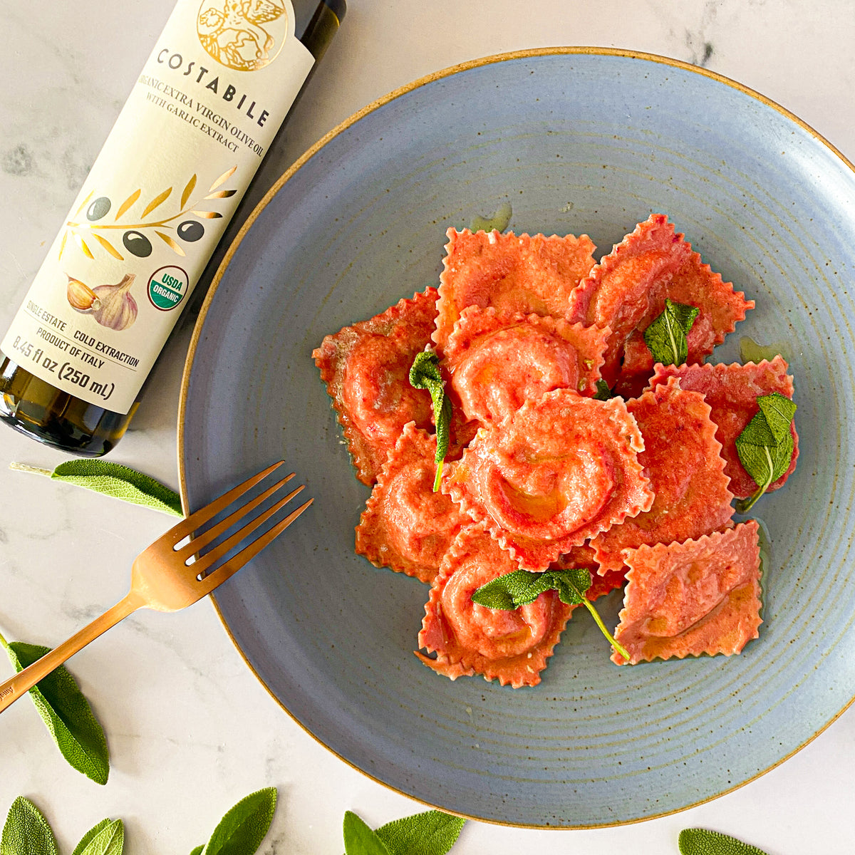 Handmade Beet Ravioli with Sage and Garlic Infused Olive Oil