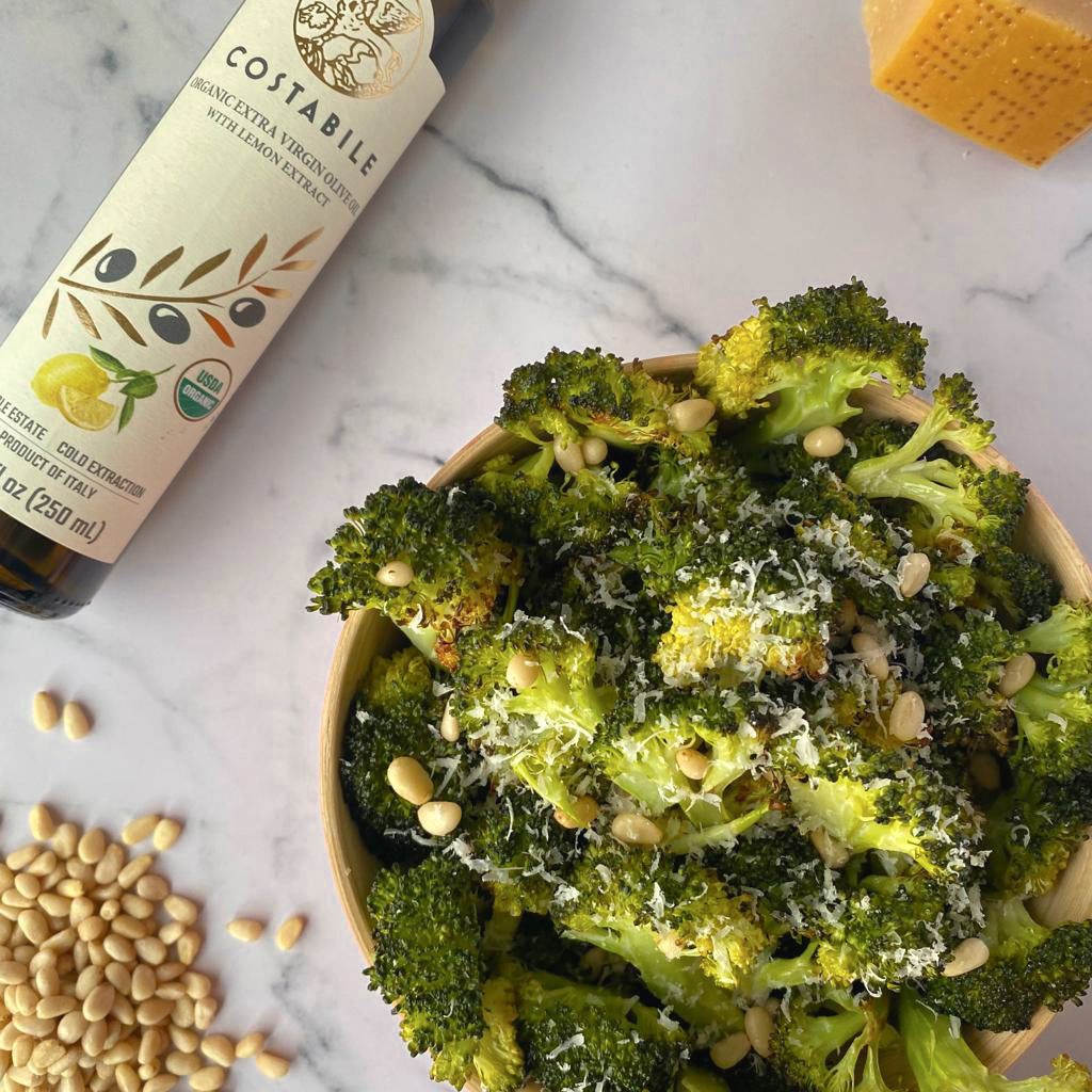Crispy broccoli with lemon olive oil and parmesan cheese Costabile Brand
