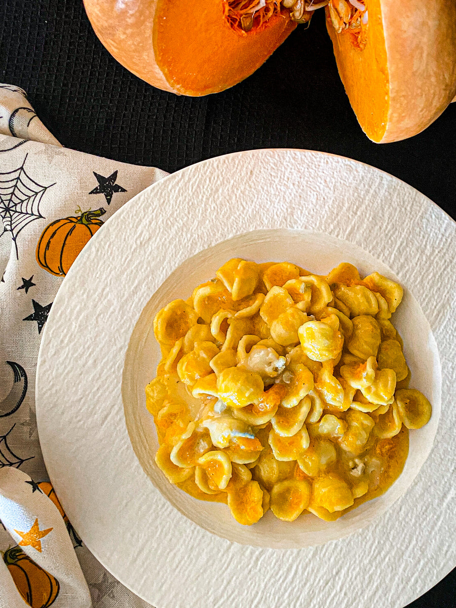 Orecchiette (pasta) with pumpkin and cheese Costabile Brand