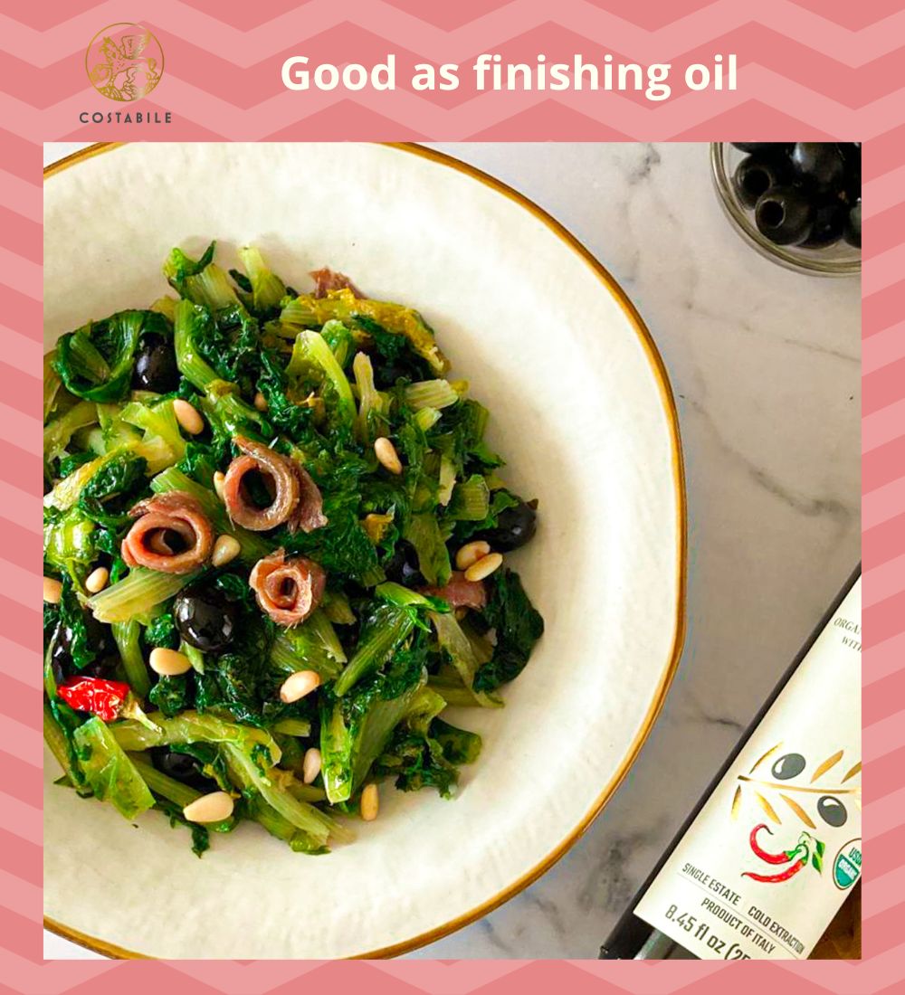 Hot chili oil - Chili pepper infused olive oil extra virgin from Puglia Italy as finished oil on veggies - Costabile - Bottle 8.45 Fl. Oz 2 