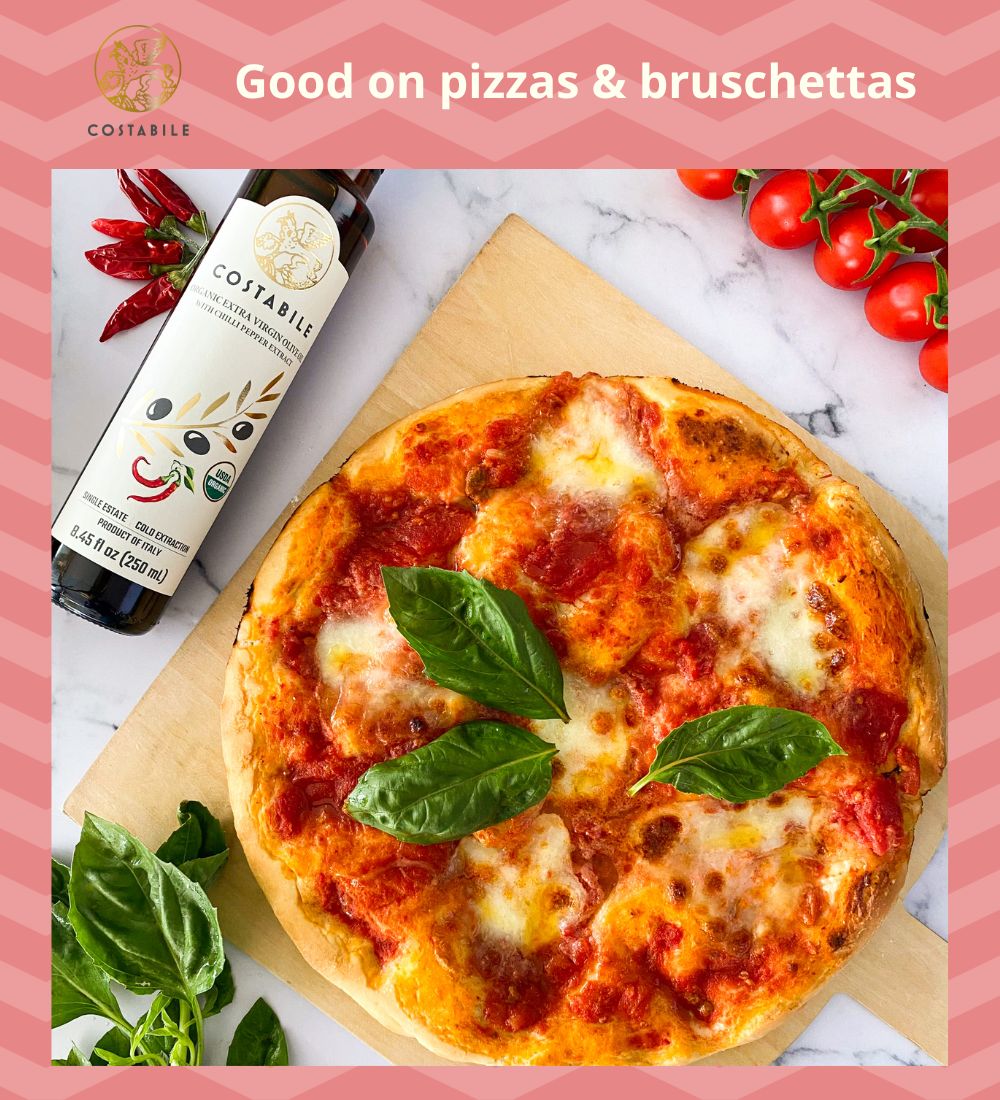 Hot chili oil - Chili pepper infused olive oil extra virgin from Puglia Italy with a margherita pizza - Costabile - Bottle 8.45 Fl. Oz