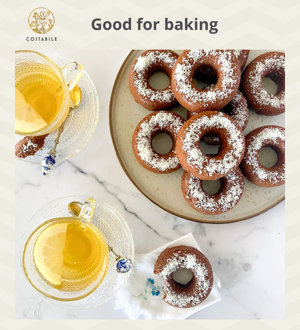 Organic extra virgin Olive Oil from Puglia Italy used for baking chocolate donuts as butter healthy substitute 